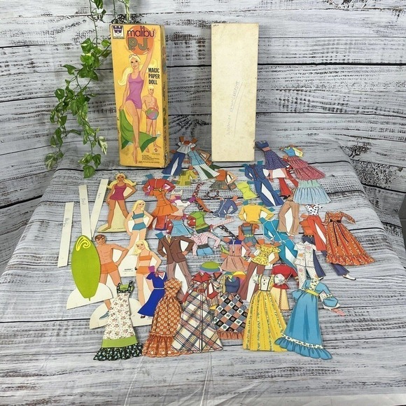 Vintage Toy 60 pc Malibu PJ Barbie Ken Magic Paper Dolls Clothes Surfer 1972 - Picture 6 of 16